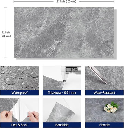 FunStick 12"x24" Grey Marble Peel and Stick Floor Tile Bathroom Floor Tiles Peel and Stick Waterproof Stick on Tiles for Kitchen Backsplash Walls Vinyl Flooring Sticky Laminate Flooring Sheets 5 Pcs