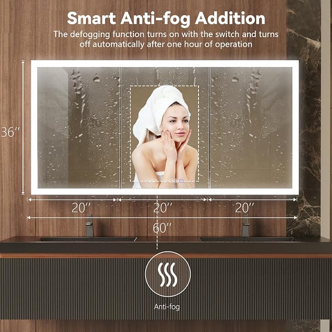60 in. W Smart Lighted Medicine Cabinet with Mirror for Bathroom, Recessed/Surface Mount Medicine Cabinet with Anti-Fog, 1800W Charging Station, USB Ports, 3 Color Lights
