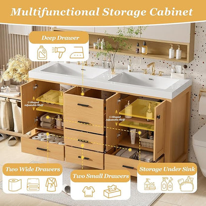 60 Inch Bathroom Vanity with Double SMC Resin Sink, 60 Double Sink Bathroom Vanity, Bathroom Vanity 60" Double Sink with Soft-Close Doors and Drawers, 4 Doors, 5 Drawers, Adjustable Shelves (Wood)