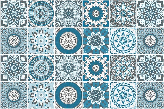 Easy Peel Stick Vinyl Moroccan Tile Decals 4x4in Stick on backsplash,24Pc | Waterproof&heat resistant tile stickers for kitchen RV laundry backsplash decor,remove no damaging,cyan mandala pattern