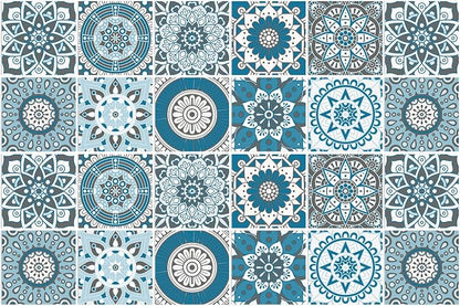 Easy Peel Stick Vinyl Moroccan Tile Decals 4x4in Stick on backsplash,24Pc | Waterproof&heat resistant tile stickers for kitchen RV laundry backsplash decor,remove no damaging,cyan mandala pattern