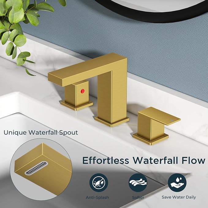 FORIOUS 8" Brushed Gold Bathroom Faucet 3 Hole, Gold Vanity Faucet 3 Holes | CUPC 8 Inch Waterfall Bathroom Faucet Gold,3 Hole Bathroom Sink Faucet Widespread Set for Restroom, Lavatory, Hospitality