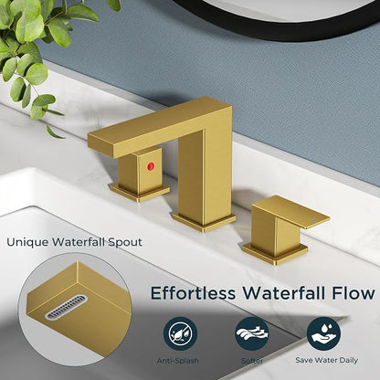 FORIOUS 8" Brushed Gold Bathroom Faucet 3 Hole, Gold Vanity Faucet 3 Holes | CUPC 8 Inch Waterfall Bathroom Faucet Gold,3 Hole Bathroom Sink Faucet Widespread Set for Restroom, Lavatory, Hospitality