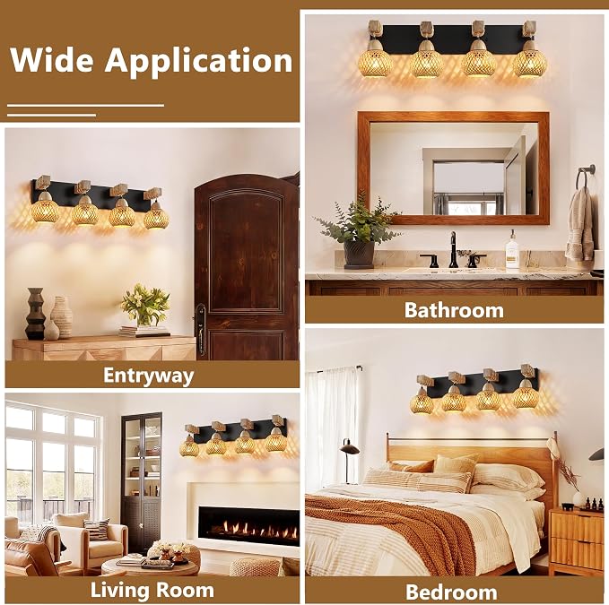 LmnLvn 4-Light Bathroom Vanity Light, Boho Farmhouse Handmade Bamboo Shade | Wood & Black Metal Frame, Rustic Vanity Lighting, Mounted Over Mirror, Easy To Install for Restroom, Bedroom & Hallway