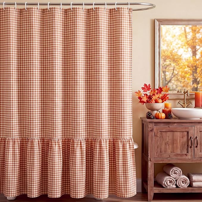 HunnmingRe Ruffle Hem Gingham Shower Curtain, Orange Farmhouse | Waterproof Fabric for Bathroom, Machine Washable, Standard Size Fits Most Tubs, Farmhouse Cottage Style Decor