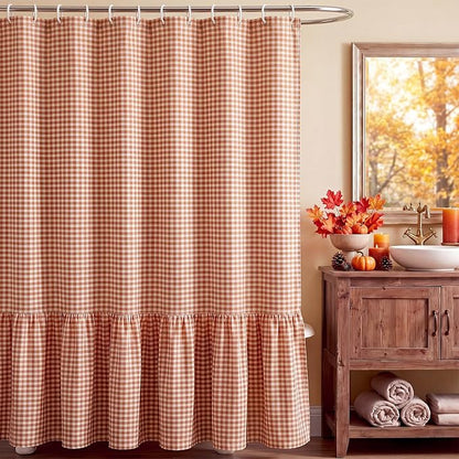 HunnmingRe Ruffle Hem Gingham Shower Curtain, Orange Farmhouse | Waterproof Fabric for Bathroom, Machine Washable, Standard Size Fits Most Tubs, Farmhouse Cottage Style Decor