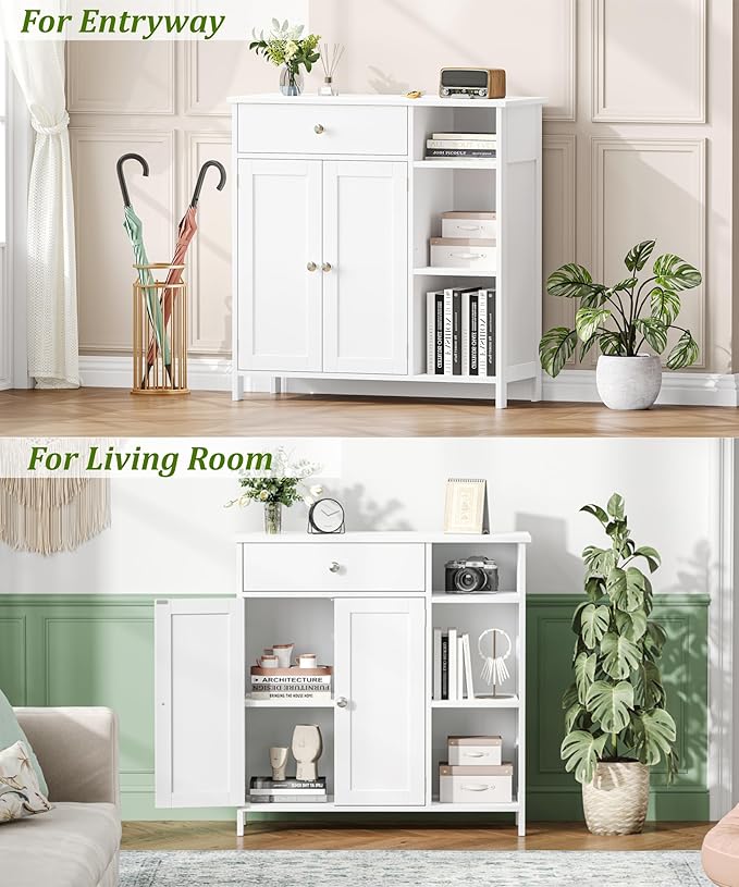 White Bathroom Floor Cabinet with Large Drawer, Floor Storage Cabinet with Doors & Adjustable Shelves, Modern Storage Cupboard with 3 Open Space for Living Room, Entryway, Dining Room