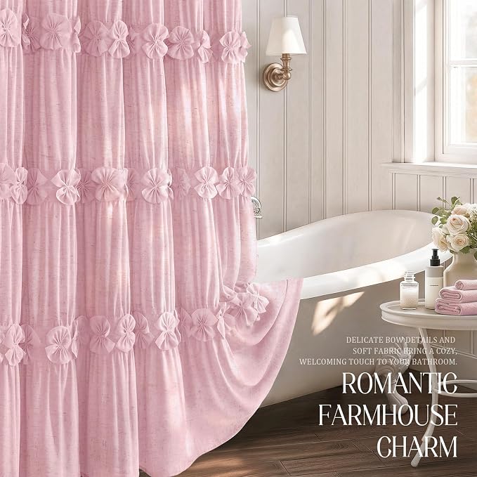 Ruffle Farmhouse Linen Shower Curtain with Vintage Pink Linen 72" W x 72" H | Linen Blend Fabric, Ruffle Bow and Ruffled Hem，Linen Texture，Machine Washable，12 Metal Holes and Plastic Hooks