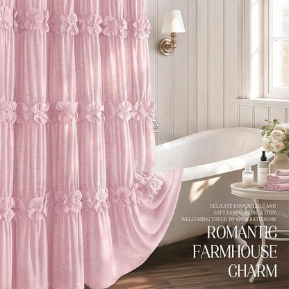 Ruffle Farmhouse Linen Shower Curtain with Vintage Pink Linen 72" W x 72" H | Linen Blend Fabric, Ruffle Bow and Ruffled Hem，Linen Texture，Machine Washable，12 Metal Holes and Plastic Hooks