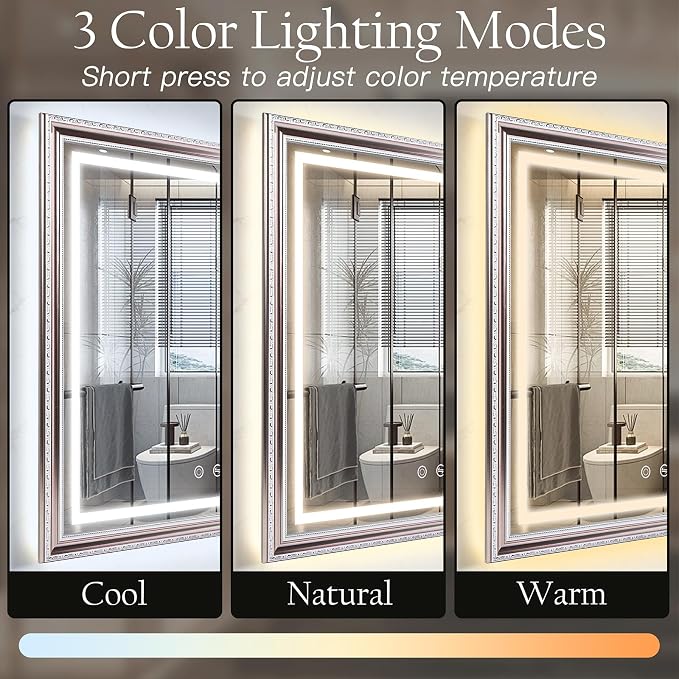 ROLOVE 23x35 Inch Bathroom Mirror with Lights, Brushed Rose Gold Frame, Anti-Fog LED Vanity Mirror for Wall, Plug-in/Hardwired, Dimmable, Tempered Glass,Wall Mirrors Decorative (Champagne Pink Hue)