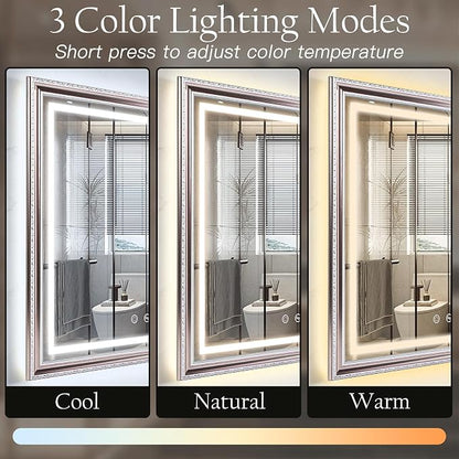 ROLOVE 23x35 Inch Bathroom Mirror with Lights, Brushed Rose Gold Frame, Anti-Fog LED Vanity Mirror for Wall, Plug-in/Hardwired, Dimmable, Tempered Glass,Wall Mirrors Decorative (Champagne Pink Hue)