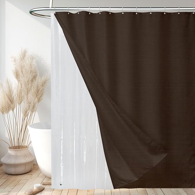 Shower Curtain and Liner, 3 in 1 Shower Curtain Set with 12 Double Sided Shower Curtain Hooks, Cloth Shower Curtains for Bathroom,Waterproof, Brown 72 * 72