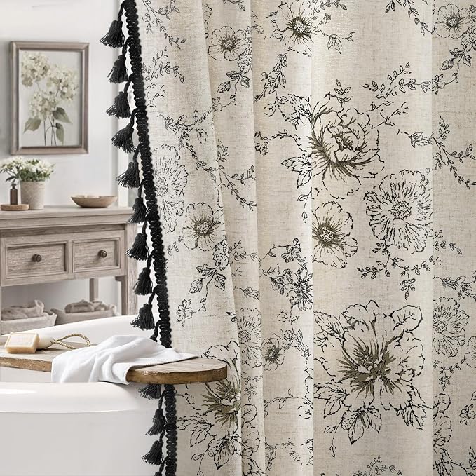 Farmhouse Floral Vintage Shower Curtain for Bathroom, Black and Tassels | Elegant Boho Tassels Pattern Bath Curtain, Linen Fabric, 72" W x 72" L