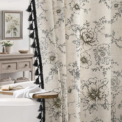 Farmhouse Floral Vintage Shower Curtain for Bathroom, Black and Tassels | Elegant Boho Tassels Pattern Bath Curtain, Linen Fabric, 72" W x 72" L