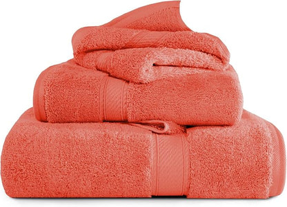 SUPERIOR Egyptian Cotton Ultra Plush & Absorbent, 3 Piece Set, Coral | Quick Dry, Soft Luxury Towel Set, Bath Essentials, Guest Bath, Spa, 1 Bath, 1 Hand, 1 Face Towels, Madeline Towels