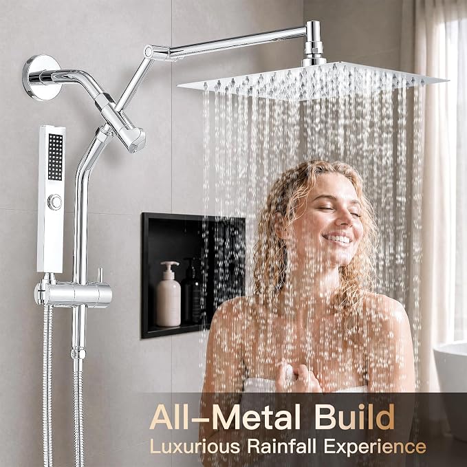 All Metal 10" Shower Head with Handheld, Built-in Power Jet Mode | Luxurious, Square, Rain Shower Heads with Spray Combo Set, High Pressure, Dual, Rainfall, with Extension Arm, Chrome