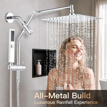 All Metal 10" Shower Head with Handheld, Built-in Power Jet Mode | Luxurious, Square, Rain Shower Heads with Spray Combo Set, High Pressure, Dual, Rainfall, with Extension Arm, Chrome