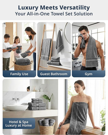 LANE LINEN Bath Towel Set 100% Cotton 12 Piece Soft Absorbent - Grey | Shower Towels - Generously Sized, Oversized & Roomy, Lightweight & Breathable, Fade-Resistant Color, Classic Terry Weave