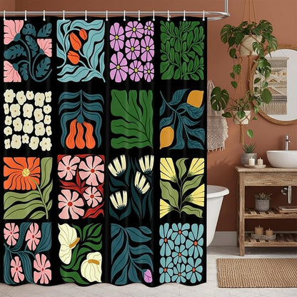 JAWO Retro Shower Curtain Vintage Abstract Cute Boho Floral Shower Curtains for Bathroom Decor Black Blue Botanical Geometric Groovy Aesthetic Pattern Shower Curtain Sets with Hooks, 70X70IN