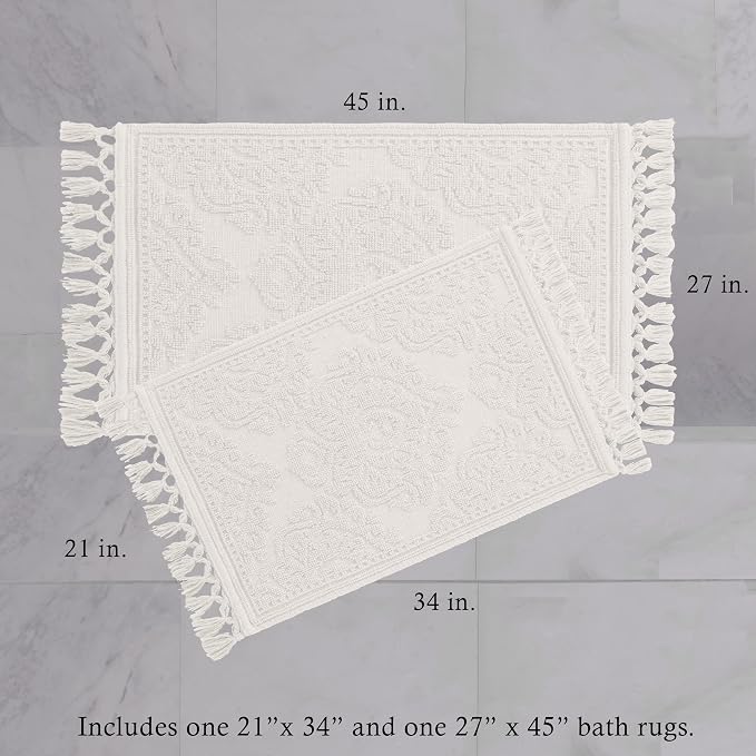 Jean Pierre - Ricardo Bath Mats, Set of 2 Woven Fringe Bathroom Rugs, 100% Cotton, Premium Bathroom Decor - Measures 17" x 31" and 21" x 41" - White