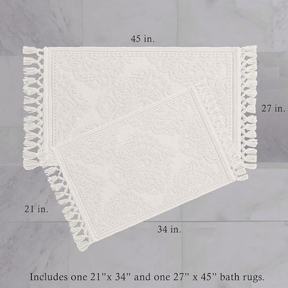 Jean Pierre - Ricardo Bath Mats, Set of 2 Woven Fringe Bathroom Rugs, 100% Cotton, Premium Bathroom Decor - Measures 17" x 31" and 21" x 41" - White