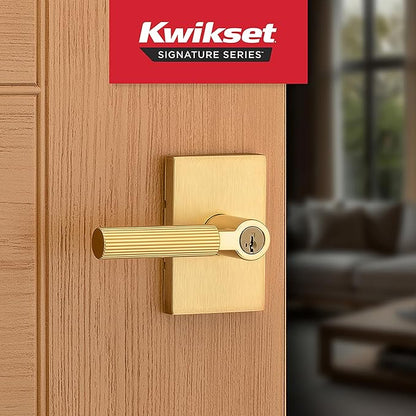 Kwikset Mirada Reeded Entry Door Handle with Lock and Key, Secure Keyed Reversible Lever Exterior, Door Lock for Front Door, Satin Brass, Pick Resistant SmartKey Security and Microban