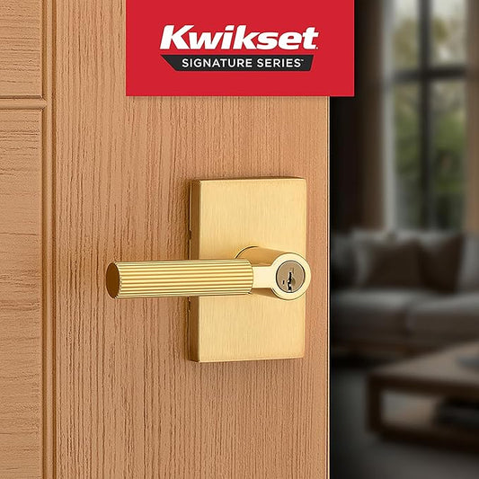 Kwikset Mirada Reeded Entry Door Handle with Lock and Key, Secure Keyed Reversible Lever Exterior, Door Lock for Front Door, Satin Brass, Pick Resistant SmartKey Security and Microban