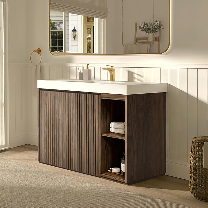 48" Bathroom Vanity with Sink, Freestanding Single Sink Bathroom Vanity with White Engineered Stone Top & Open Side Storage, Soft-Closing Doors with Adjustable Shelf, Walnut