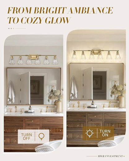 HWH INVESTMENT Bathroom Light Fixtures, 6-Light Brushed Gold Vanity Lights for Bathroom with Clear Floral Glass Shade, 41 inch Bathroom Vanity Lights Over Mirror for Bedroom, 5HJX110B-6W BG