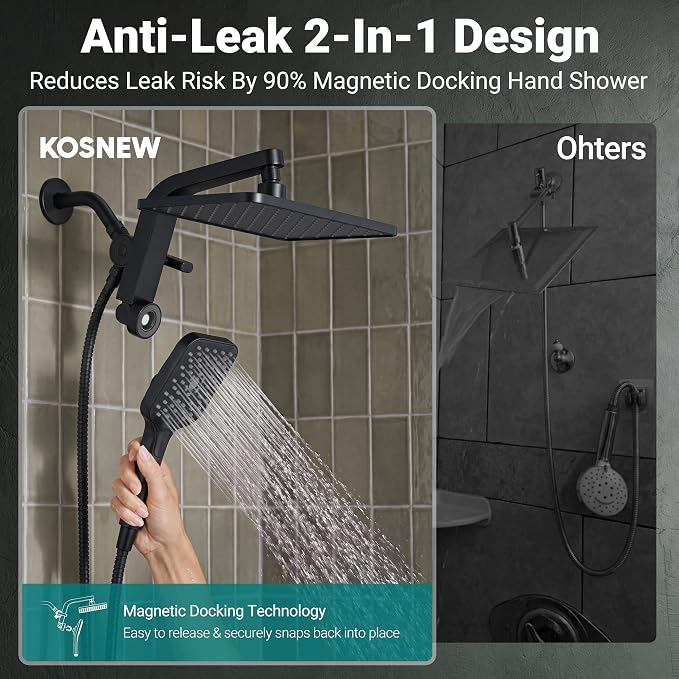 12" XXL Rainfall Shower Head with Handheld Combo Set, Matte Black | High Pressure, Magnetic Docking, Air-Infusion Tech, Anti-Leak One-Piece Design, Dual Square Showerhead