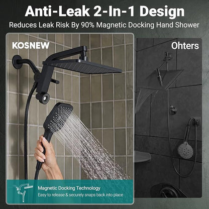 12" XXL Rainfall Shower Head with Handheld Combo Set, Matte Black | High Pressure, Magnetic Docking, Air-Infusion Tech, Anti-Leak One-Piece Design, Dual Square Showerhead