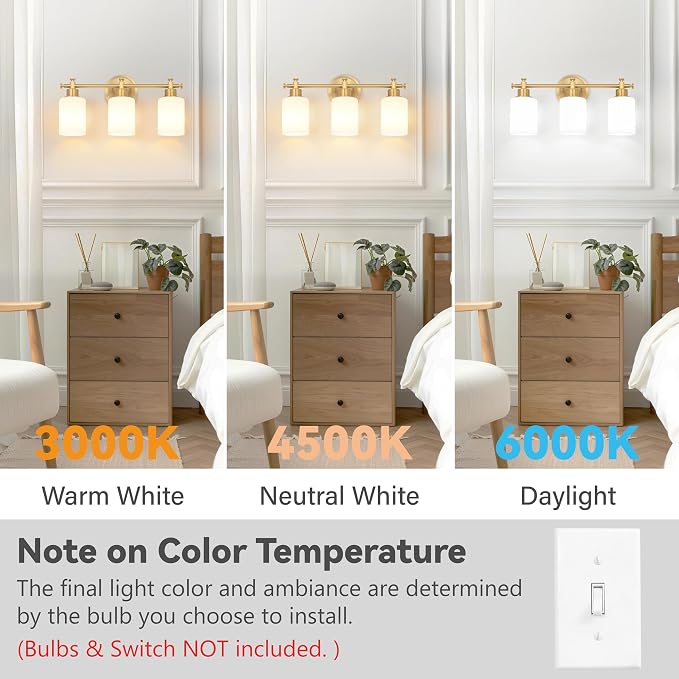 3 Light Brushed Gold Bathroom Vanity Light Fixture Over Mirror, 17.5 Inch | Modern Gold Vanity Light Fixtures with White Glass Shade, Wall Sconce for Bathroom, Bedroom, Hallway, Living Room, E26 Socket