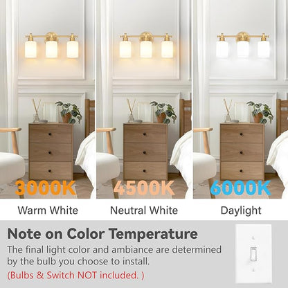 3 Light Brushed Gold Bathroom Vanity Light Fixture Over Mirror, 17.5 Inch | Modern Gold Vanity Light Fixtures with White Glass Shade, Wall Sconce for Bathroom, Bedroom, Hallway, Living Room, E26 Socket