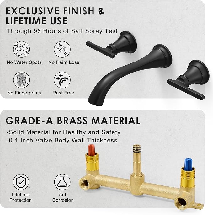 Brass Tub Filler Wall Mount 3 Hole, Farmhouse Black Tub Faucet, High Pressure 2 Handle Matte Black Bathtub Faucet Set with Long Spout Reach, Rough-in Valve