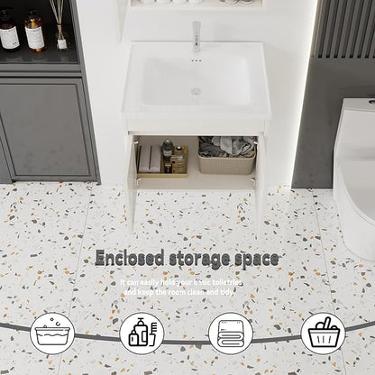 24'' Bathroom Vanity with Ceramic Sink Combo, Wall Mounted Small Bathroom Vanity with Soft-Close Door Modern Floating Cabinet, Pop-up Drain, P-Trap Included, Khaki(No Faucet)