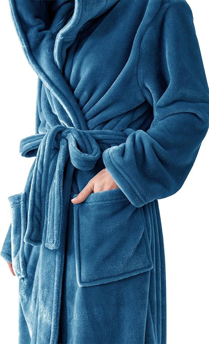Robes for Women - Hooded Plush Fleece Bathrobe with Sash & Pockets, Full-Length Lightweight Spa Robe