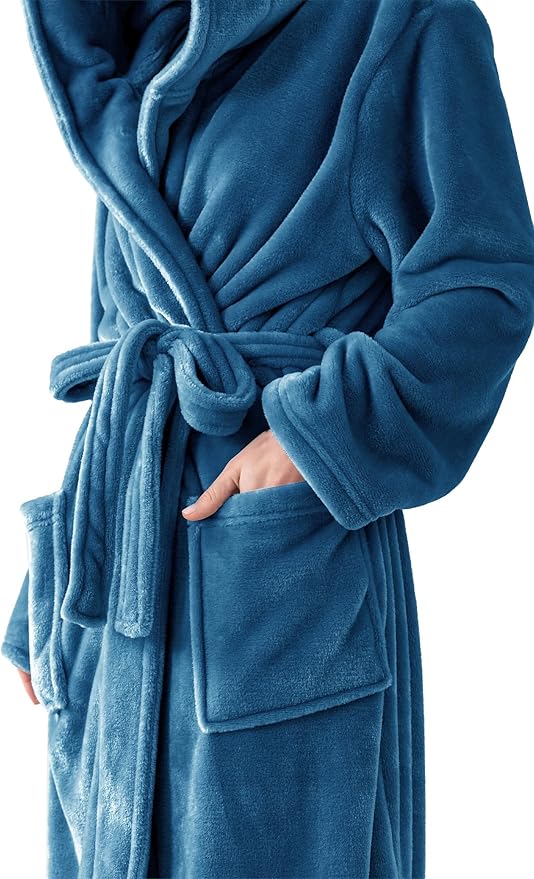 Robes for Women - Hooded Plush Fleece Bathrobe with Sash & Pockets, Full-Length Lightweight Spa Robe