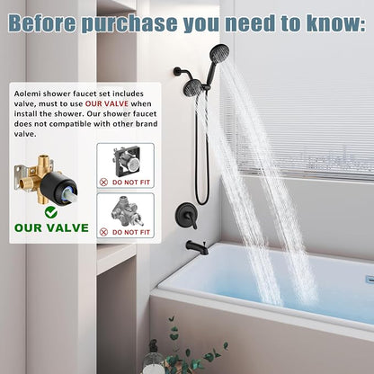 Aolemi Tub Shower Faucet Set Dual 8 Mode Head Valve Kit Matte Black | Valve and Trim Kit, ABS Shower Head and Handheld System, Bathroom Bath Tub Spout 6.3",SUS304,Single Handle