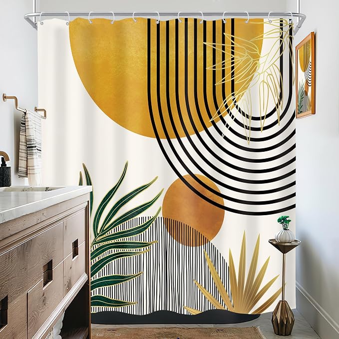 Mid Century Boho Abstract Modern Sun Minimalist Bathroom Shower Curtain Set | 72Wx72H Arch Curve design, waterproof HD print with fast-drying fabric and 12 hooks.