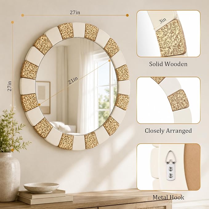 Saliwa 27 Inch Round Bathroom Mirror, Wood Framed Wall Mirror, Rustic Farmhouse Round Mirror for Vanity, Entryway, Living Room, Bedroom and Hallway