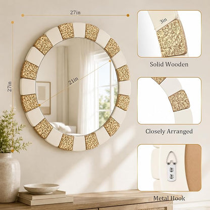 Saliwa 27 Inch Round Bathroom Mirror, Wood Framed Wall Mirror, Rustic Farmhouse Round Mirror for Vanity, Entryway, Living Room, Bedroom and Hallway