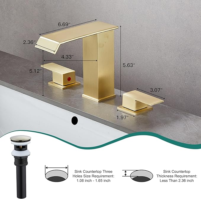 Bathroom Faucet 8 inch 3 Hole 2 Handle Widespread Bathroom Sink Faucet Brushed Gold Waterfall with Pop Up Drain Stopper Water Supply Hoses Modern Vanity Lavatory Basin Brass Commercial