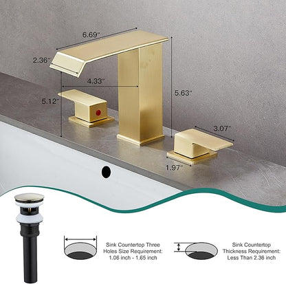 Bathroom Faucet 8 inch 3 Hole 2 Handle Widespread Bathroom Sink Faucet Brushed Gold Waterfall with Pop Up Drain Stopper Water Supply Hoses Modern Vanity Lavatory Basin Brass Commercial