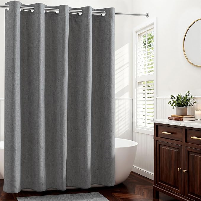 River Dream Linen Textured No Hooks Shower Curtain with Liner,Grey,71x86 | Extra Long,with Snap-in Liner,Heavy Duty Fabric,Quick Dry,Bottom Magnets,Water-Repellent,Washable,Farmhouse Bathroom Set