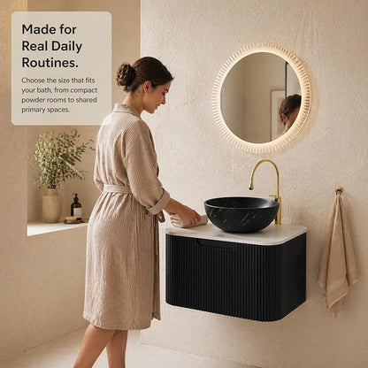 24 Inch Bathroom Vanity with Sink, Floating Wall Mounted Single Sink Vanity for Small Baths, Black Curved Fluted Front, Stone Top, Black Marble Vessel Basin, Pre-Assembled