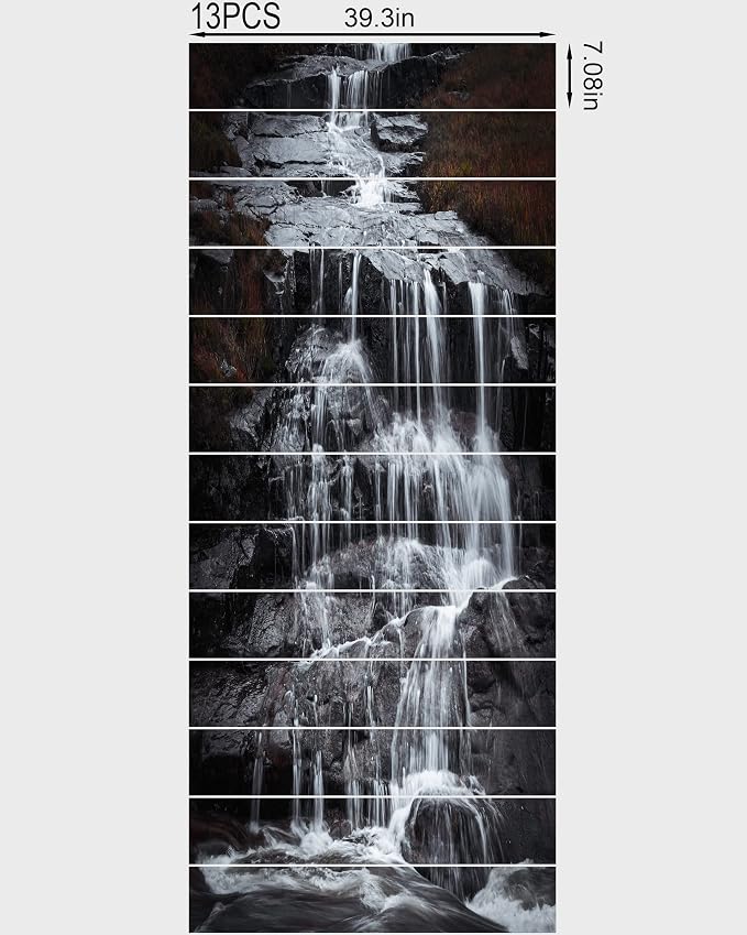 FLFK Stair Riser Decals - Stair Stickers Decals Peel and Stick,Rock Waterfall Stair Decals Self-Adhesive for Home Decor, 39.3" W x 7.08" H x 13Pcs