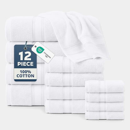 LANE LINEN Towel Set for Bathroom 12 Piece Soft Absorbent Quick Dry - White | Towels And Washcloths Sets - Oversized & Roomy, Lightweight & Breathable, Fade-Resistant Color, Classic Terry Weave
