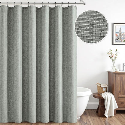 ANRODUO Grey Linen Textured Fabric Shower Curtain Set - W72xL72 | Farmhouse Shower Curtain with 12 Metal Hooks, Waterproof Heavy Duty, Button Hole Design, Machine Washable for Bathroom