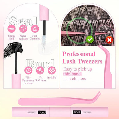 Lash Clusters Kit Wispy Cluster Eyelash Extensions Kit Natural Lash Extension Kit Natural Look Eyelash Clusters Wispy False Eyelashes with Lash Bond and Seal, Tweezers