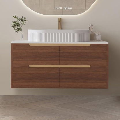 36 inch Bathroom Vanity with Sink and Countertop, Modern Freestanding Bathroom Vanity Cabinet with Oval Ceramic Vessel Sink, 4 Soft Closing Drawers, Adjustable Metal Legs, 2-in-1 Installation, Walnut